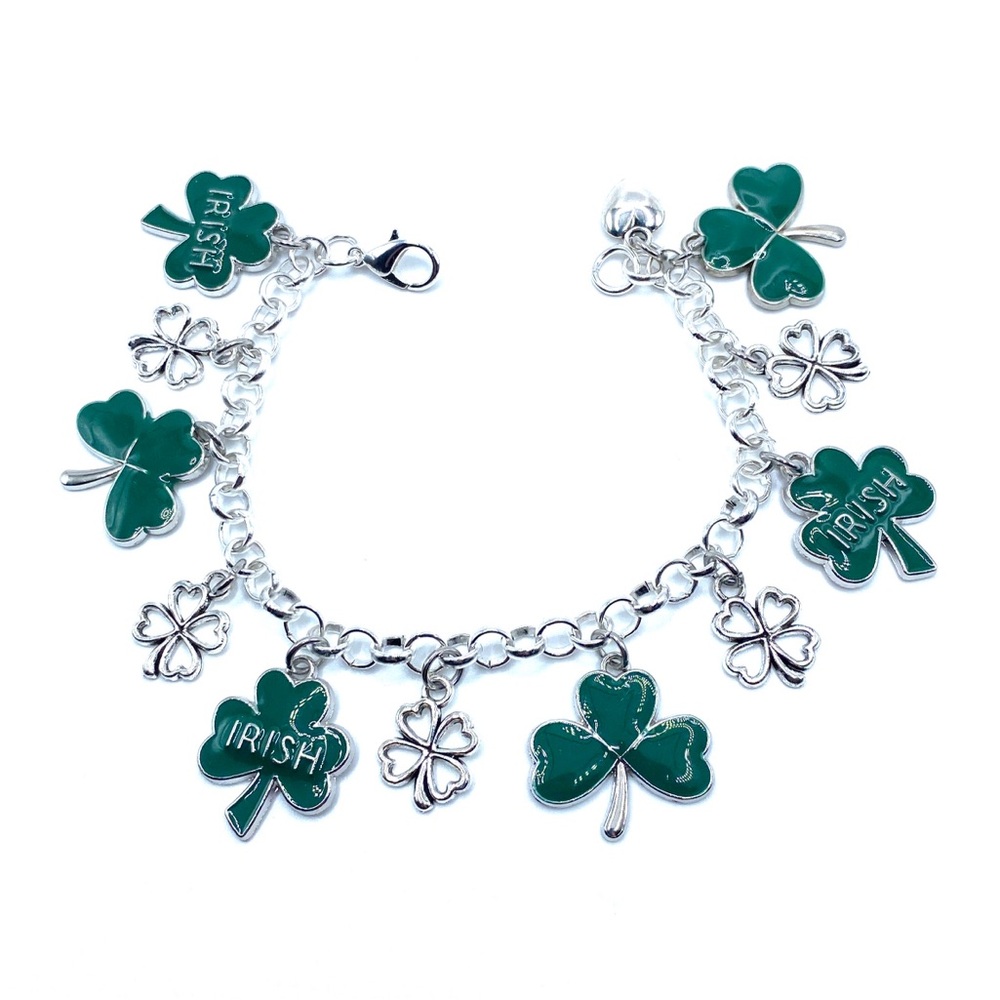 Green Shamrock Charm Bracelet Irish St Patrick’s Day Clovers - Picture 3 of 8